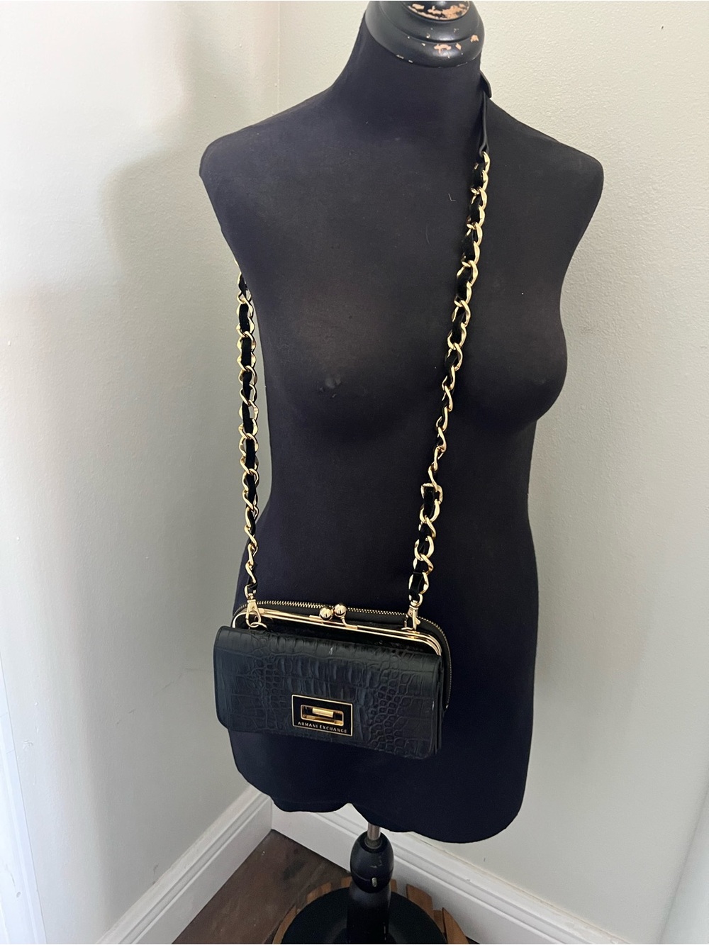 Armani Exchange Black Faux-Croc Crossbody Bag with Gold Chain